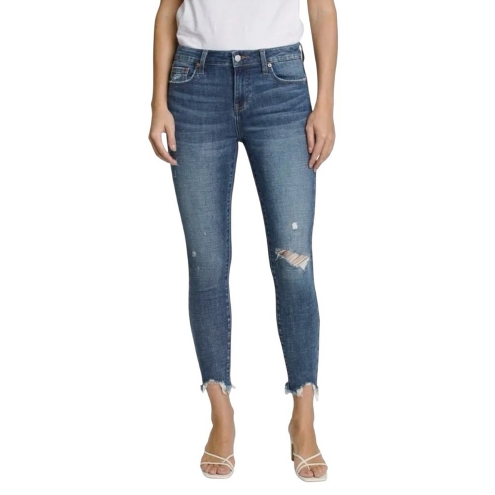 Distressed Hem Ankle Skinny Jeans Medium Wash Ripped Denim